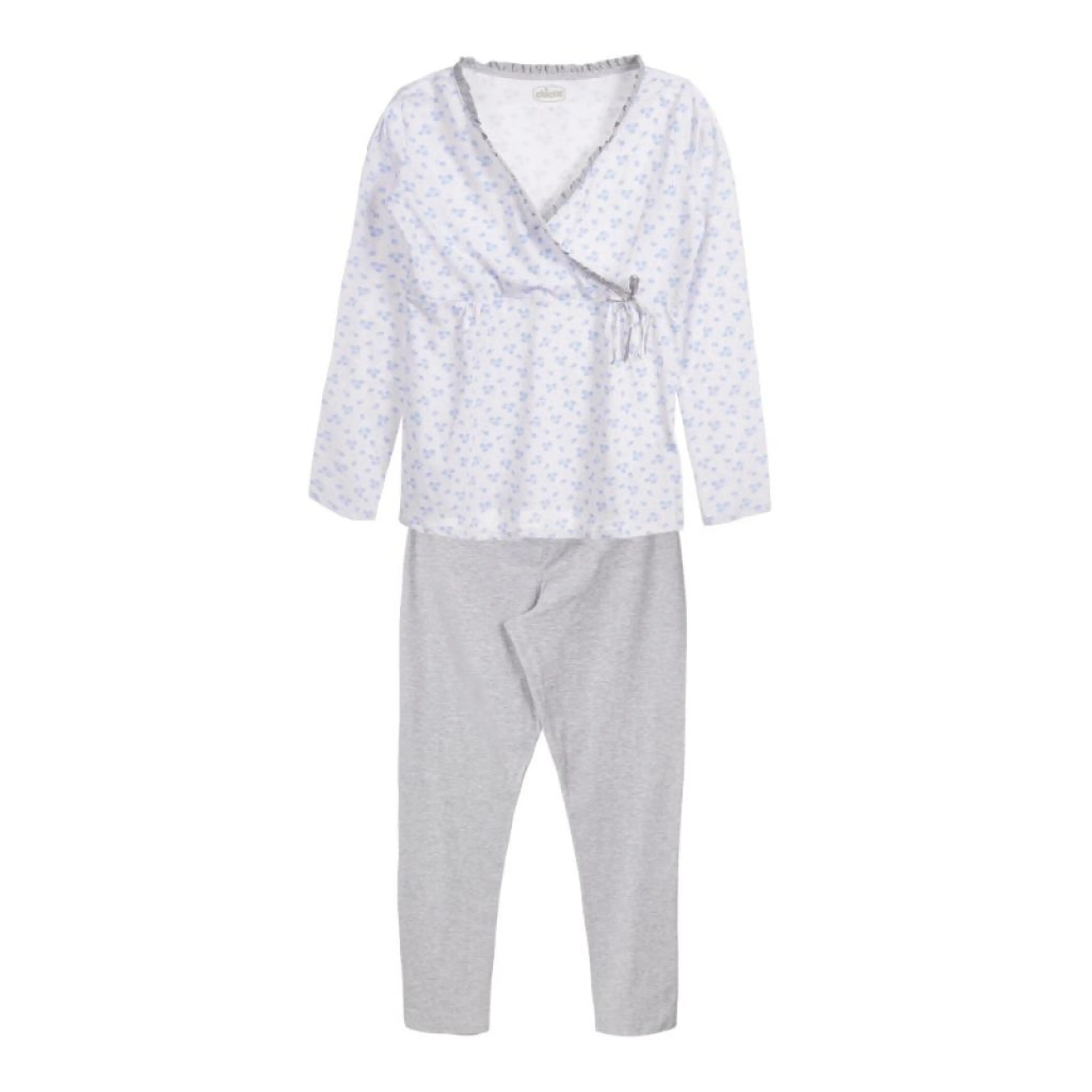 Памучна пижама за бременни и кърмачки в бяло и сиво